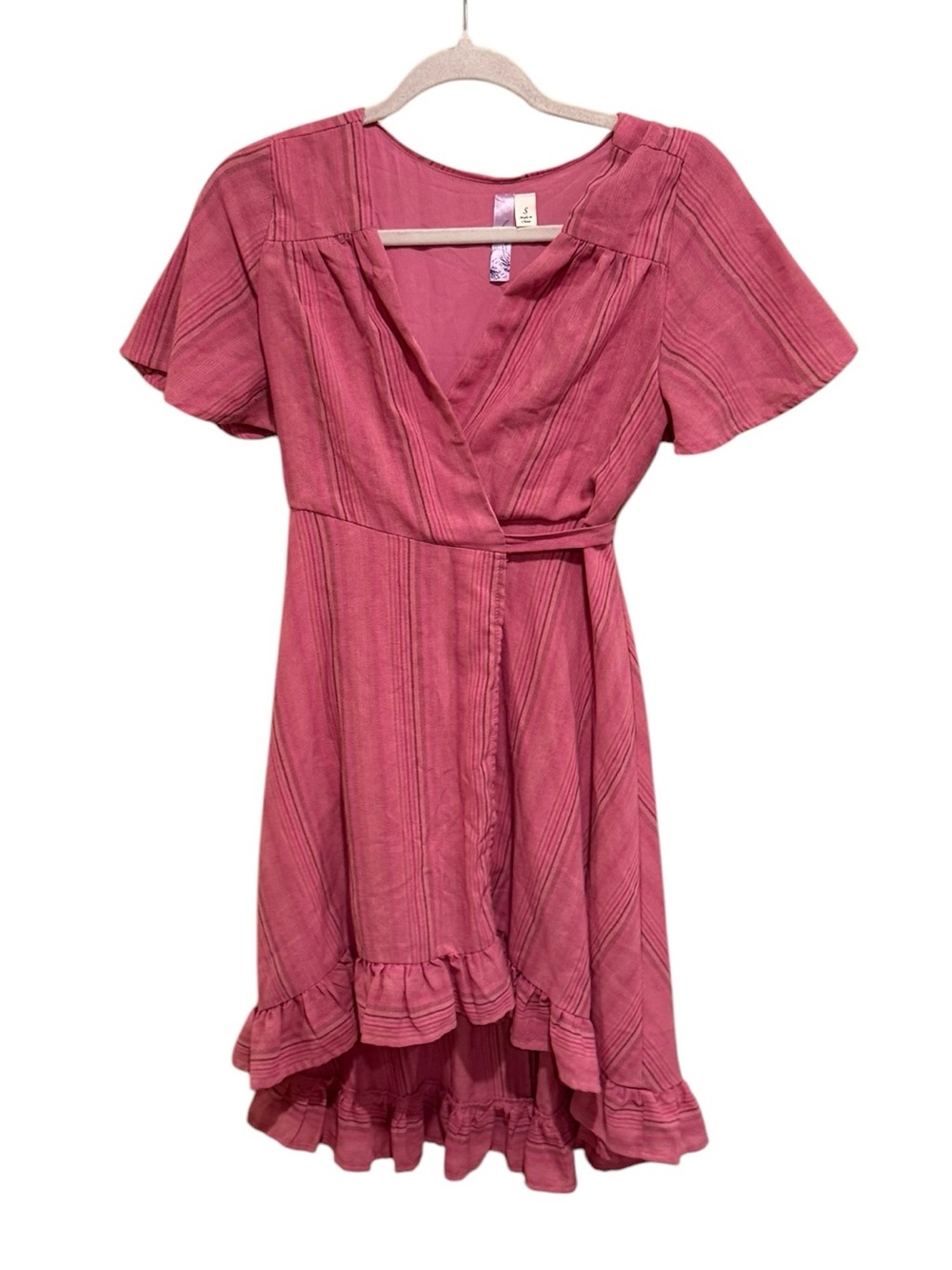 Alya Linen Blend Rosy Pink Wrap Dress with High-Low Ruffle Hemline - Size Small